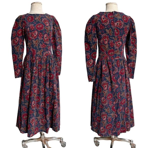 80s Vintage Laura Ashley Dress Corduroy Floral Paisley Puff Long Sleeve Maxi. - Picture 3 of 9